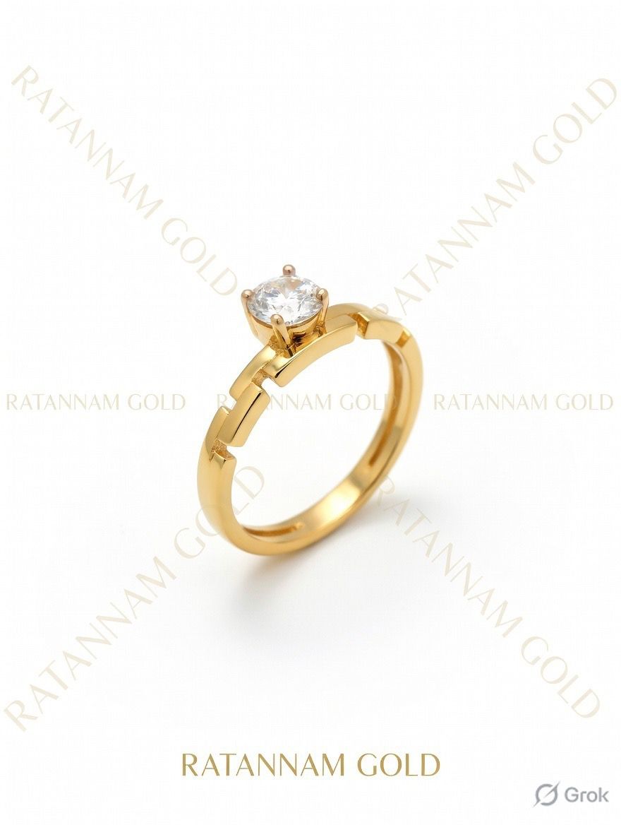 Architectural Solitaire Ring with Geometric Notched Band